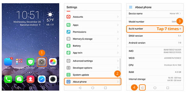 Ativar o modo de depuração USB no HUAWEI Honor Series / Mate / P Series