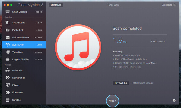 CleanMyMac 3 Limpeza de lixo do iTunes