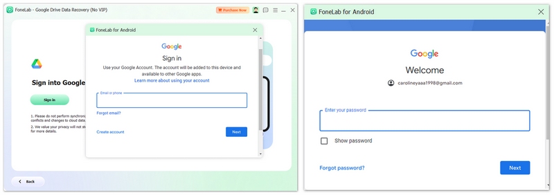 Insira sua conta e senha do Google Drive para fazer login.