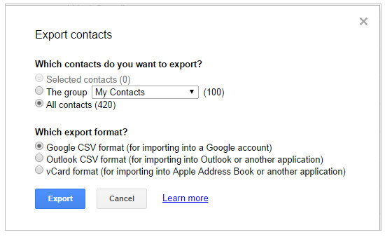 Exportação Google Contacts
