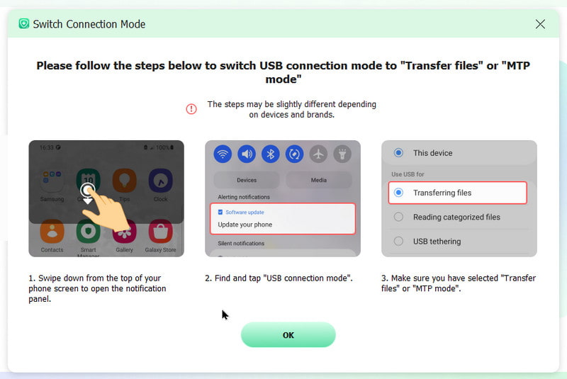Alternar modo de conexão USB