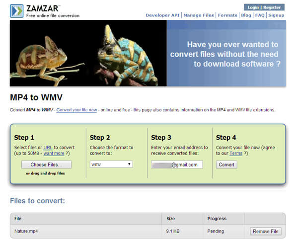 Converter MP4 para WMV com Zamzar