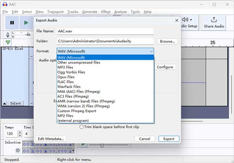 Audacity Escolha o formato