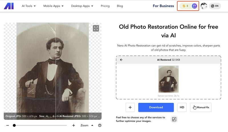 Restauração de fotos com IA online grátis Nero Ai