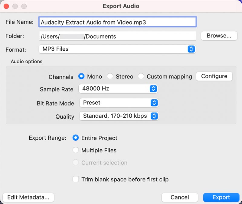 Exportar áudio para MP3 no Audacity