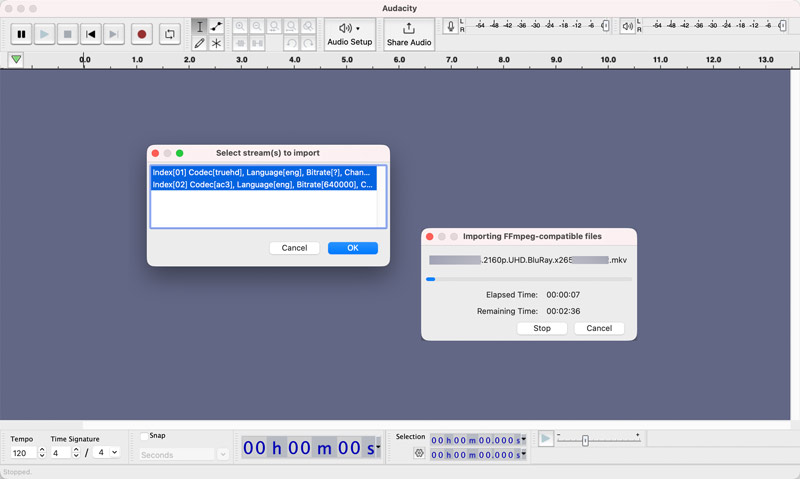 Importar arquivo de vídeo compatível com FFmpeg para o Audacity