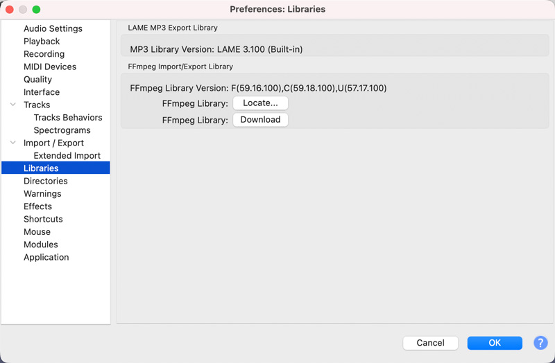 Localize a biblioteca FFmpeg no Audacity.