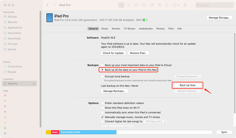 Faça backup do iPad para o Mac usando o Finder