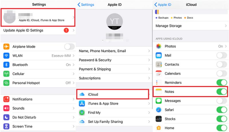 Backup do iPhone Notas iCloud