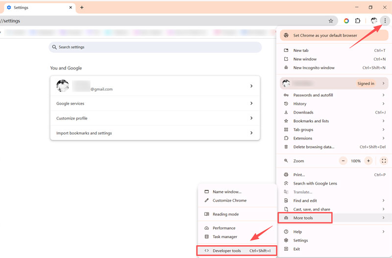 Configurações do Google Chrome Ferramentas do desenvolvedor