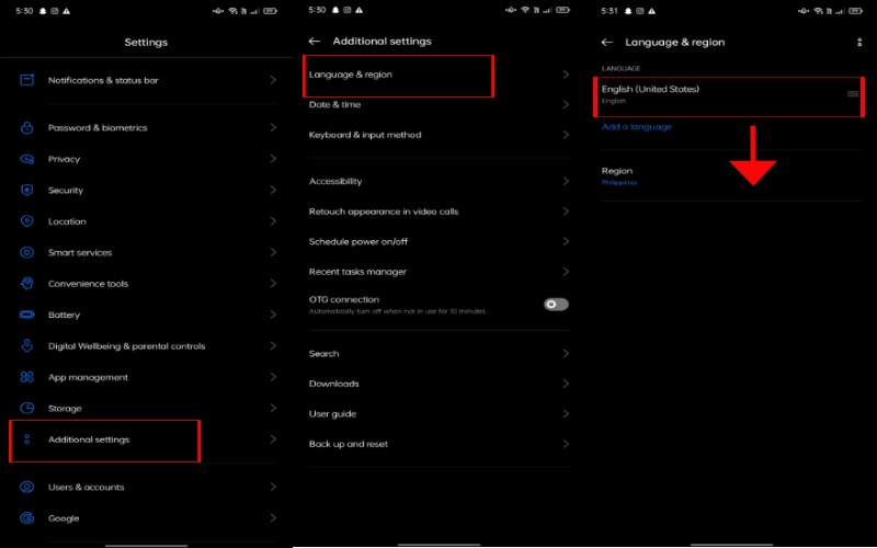 Alterar configuração da região do dispositivo