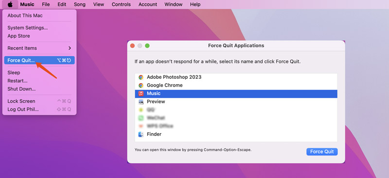 Forçar o encerramento do aplicativo pelo menu da Apple
