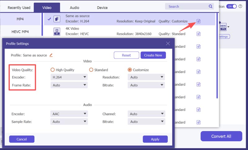 Configurações de formato final do Aiseesoft Video Converter
