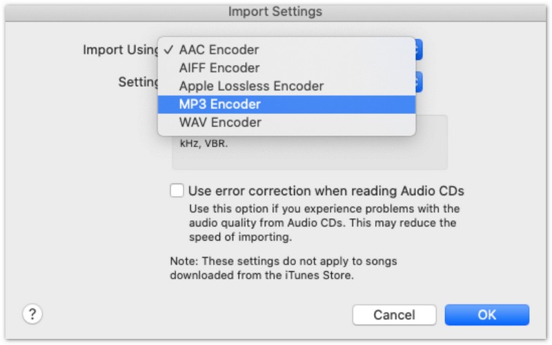 Configurações de importação do codificador MP3