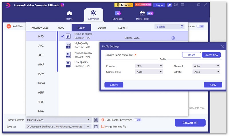 Exportar para MP3 e editar configurações de perfil MP3