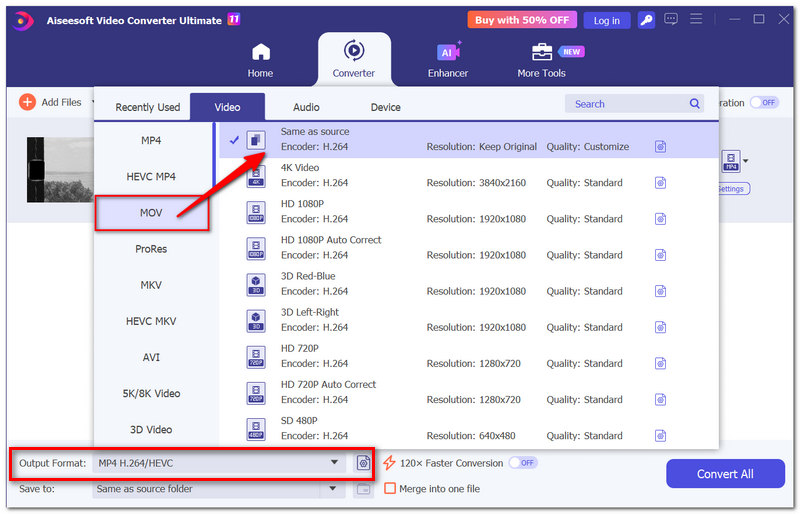 Selecione o formato MP4 ou MOV para converter.
