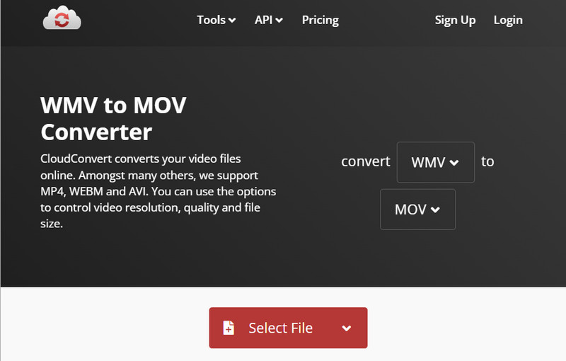CloudConvert Selecione arquivo WMV para MOV