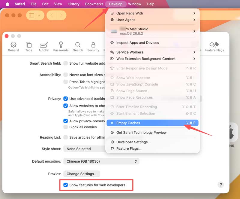 Desenvolver caches vazios no Safari para Mac