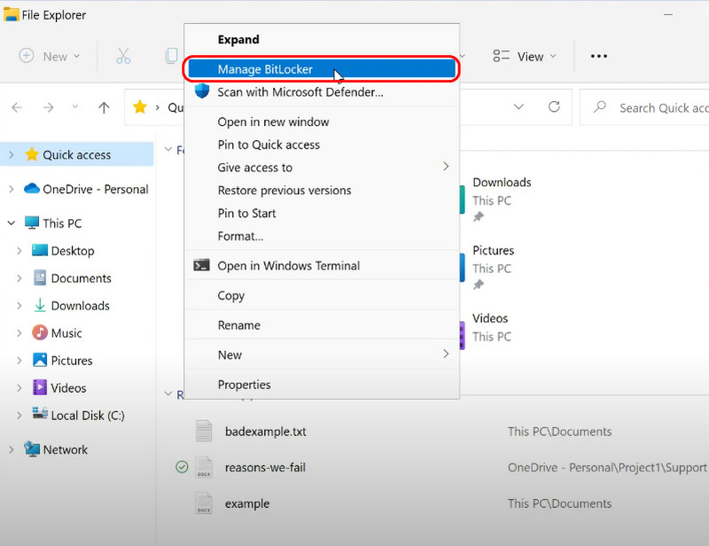 Selecione Gerenciar Bitlocker