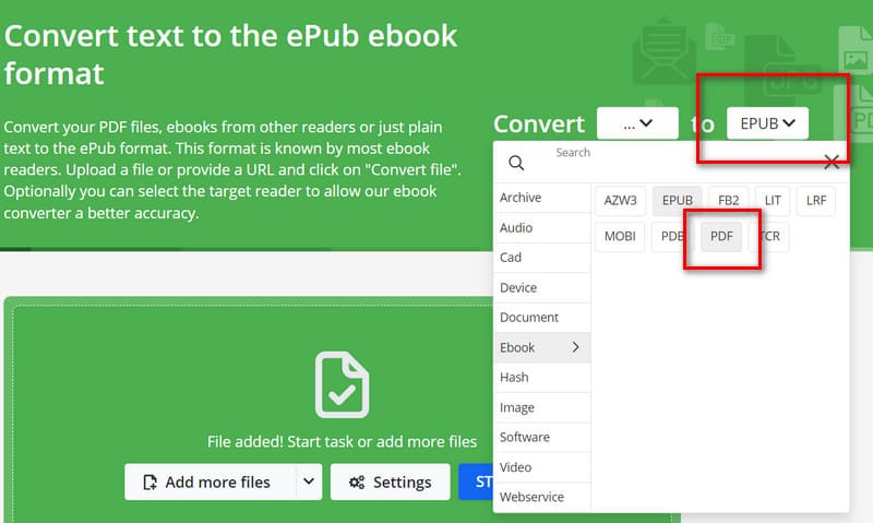 Escolha PDF para conversão online