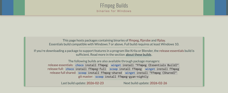 Gyan Dev Instalar Builds do FFmpeg