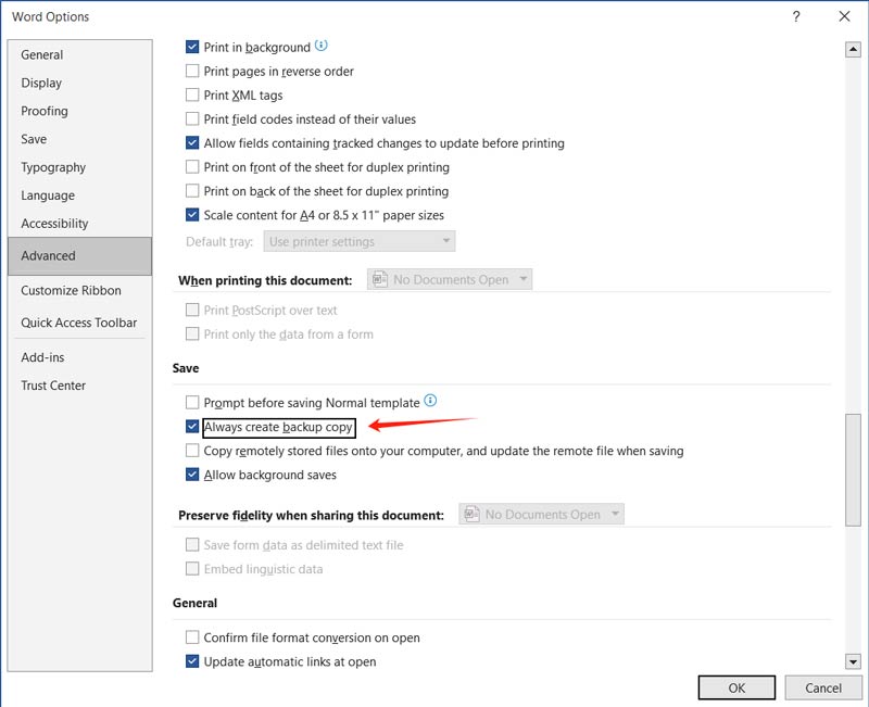 Habilitar Sempre Criar Cópia de Backup no Word