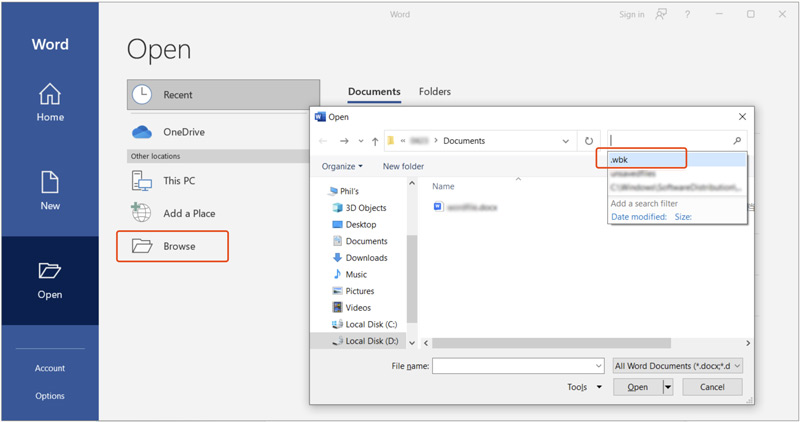 Recuperar documento do Word perdido a partir de arquivos de backup