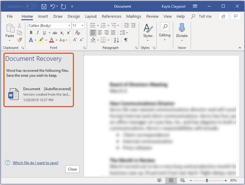 Versão de recuperação de documento do Word