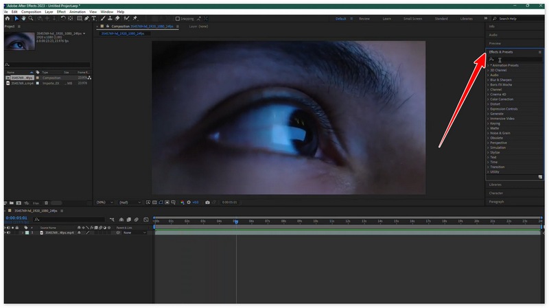 Acesse a seção Efeitos e Predefinições no After Effects.