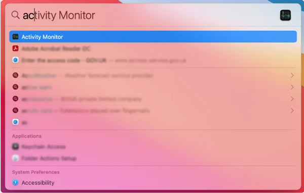 Encontre e abra o monitor de atividades por meio do Spotlight
