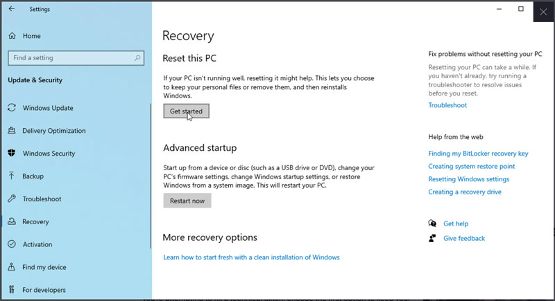 Windows 10 Redefinir este PC - Começar