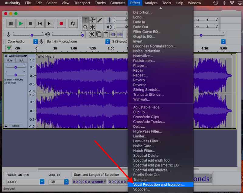 Selecione Redução e Isolamento Vocal no Audacity