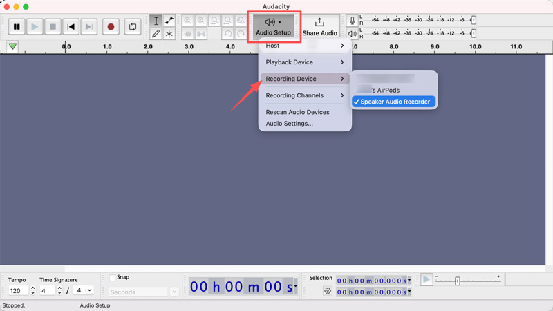 Configuração de áudio do Audacity no Mac - Dispositivo de gravação