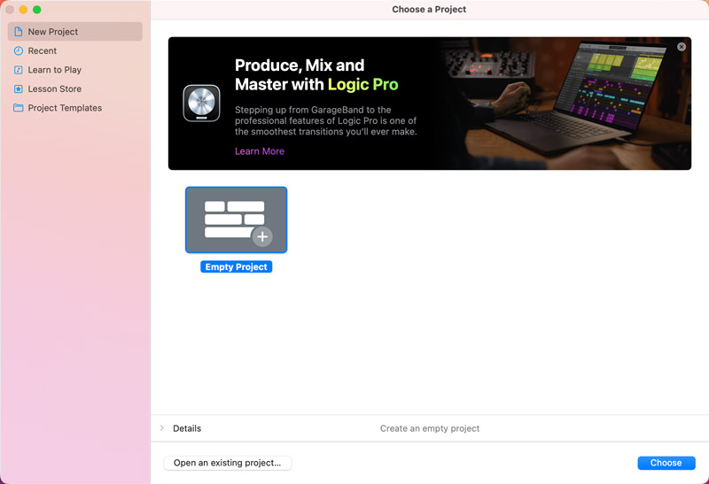 Criar projeto vazio no GarageBand