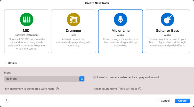 Garageband Selecionar Entrada de Áudio