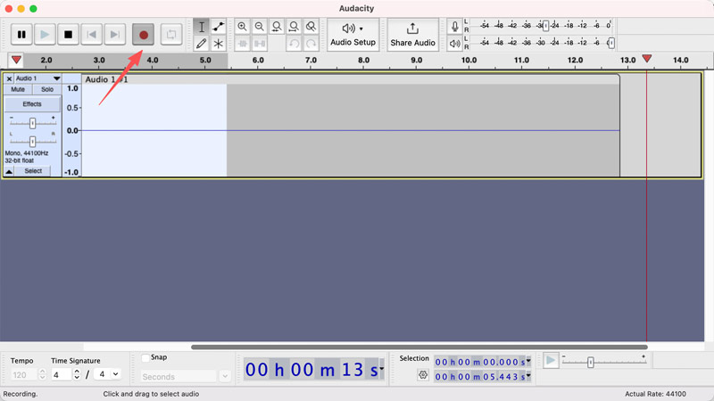 Grave áudio usando o Audacity no Mac.