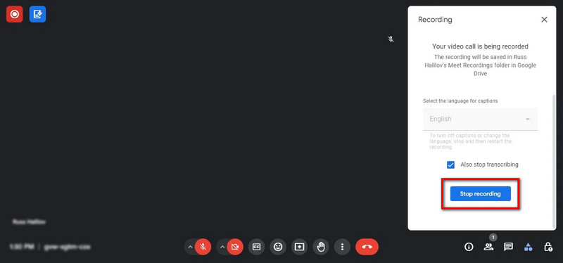 Clique em Gravar e Pare de Gravar no Google Meet