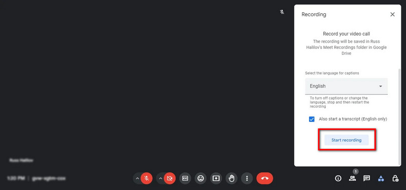 Clique no botão Iniciar gravação no Google Meet