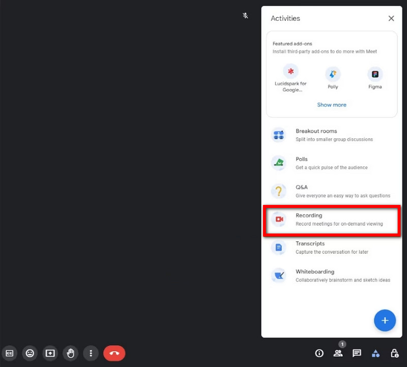 Selecione a opção de gravação no Google Meet
