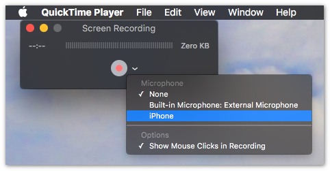 Selecione seu dispositivo iPhone ao gravar usando o QuickTime.