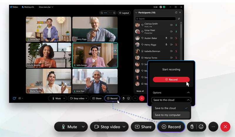 Grave uma reunião do Webex como anfitrião.