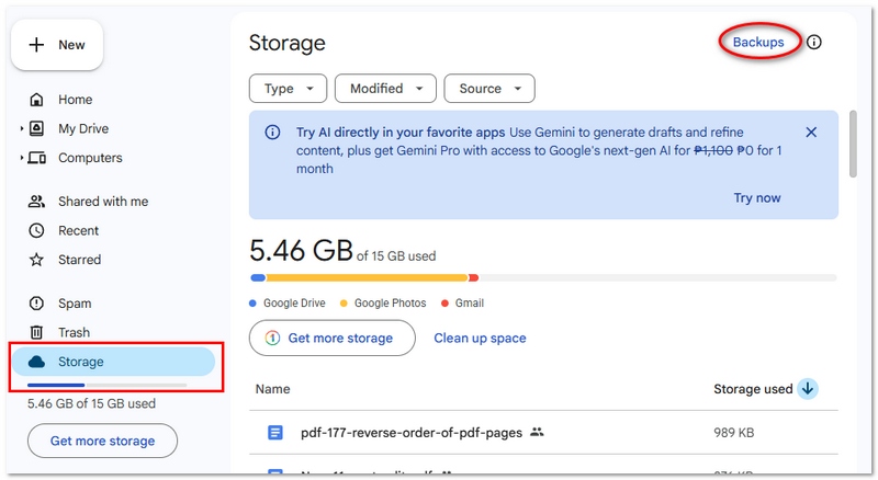 Click Storage Or Backups
