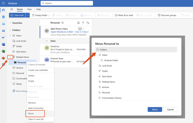 Recuperar pasta excluída no Outlook a partir de itens excluídos