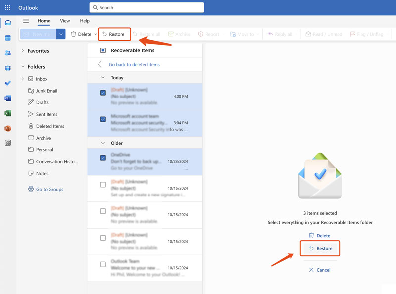 Recuperar pastas excluídas no Outlook a partir de itens recuperáveis