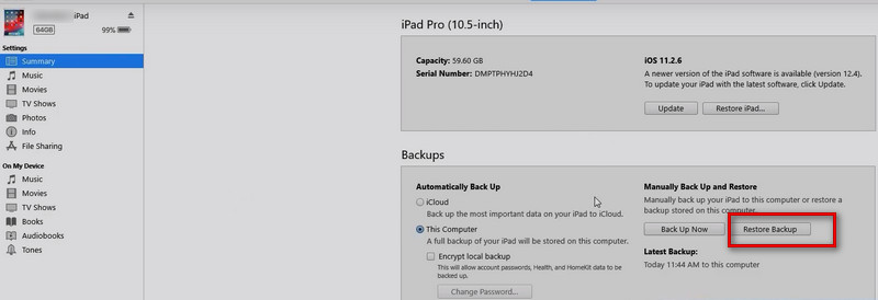 Acesse o resumo do iTunes