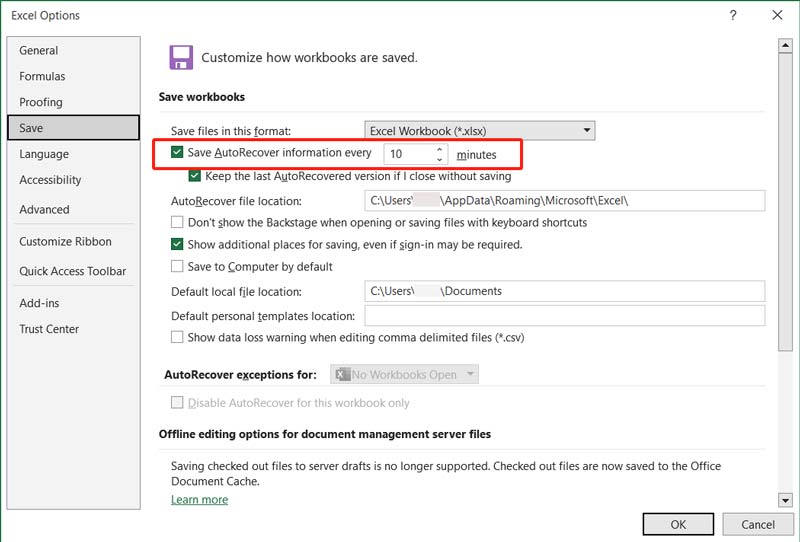 Definir recuperação automática de salvamento do Excel