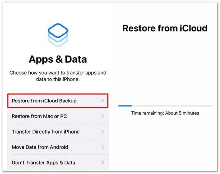 Processo de restauração a partir do backup do iCloud