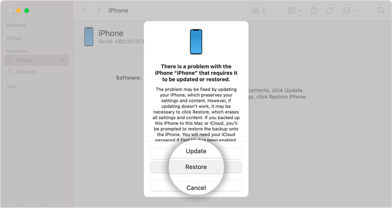 Remover senha do iPhone Finder Restore