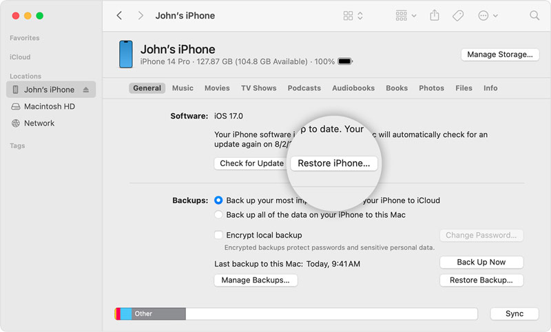 Restaurar iPhone usando o Finder do iTunes