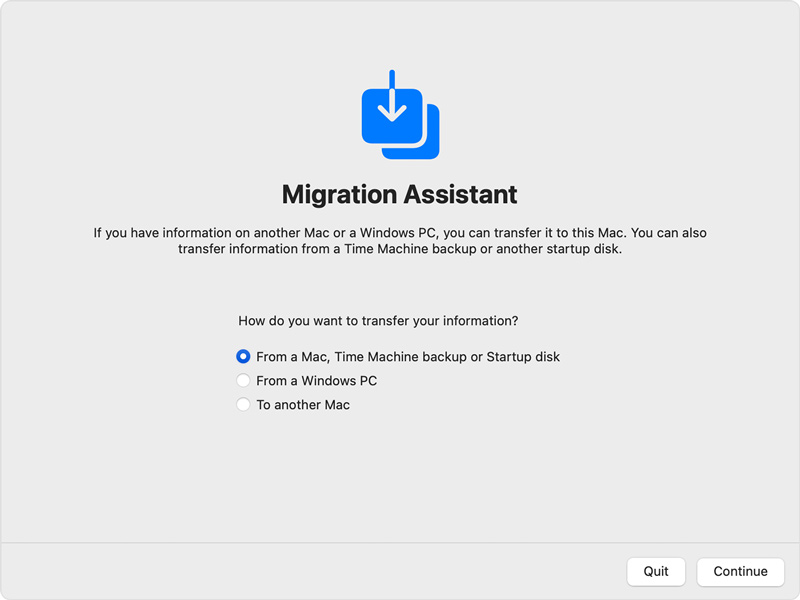 Abra o Assistente de Migração e selecione a Fonte de Transferência